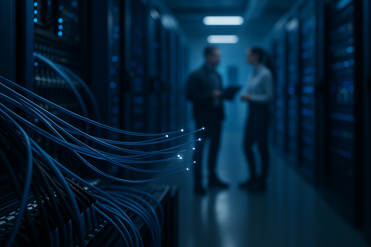Conceptual image showing high-speed fiber optic network and data streams